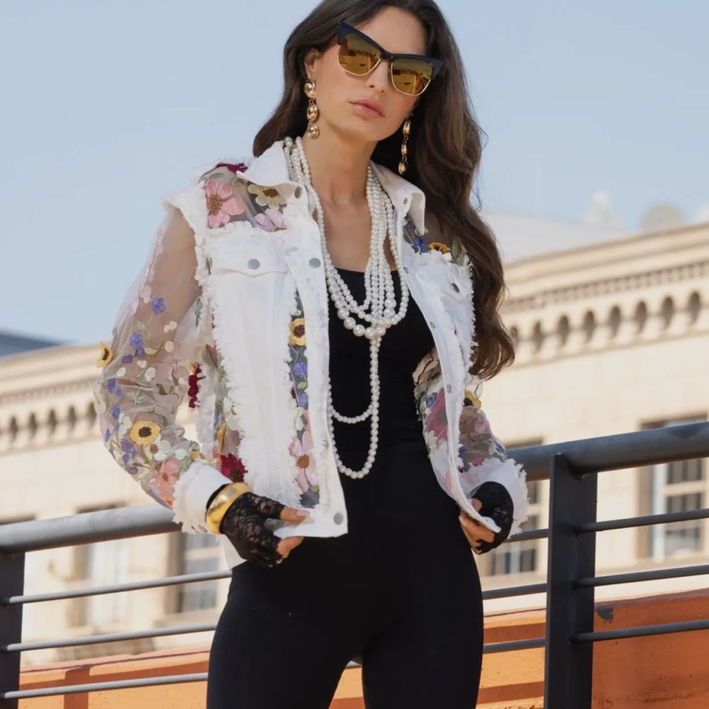 Floral White Denim Jean Jacket with Embroidered Artistic Design